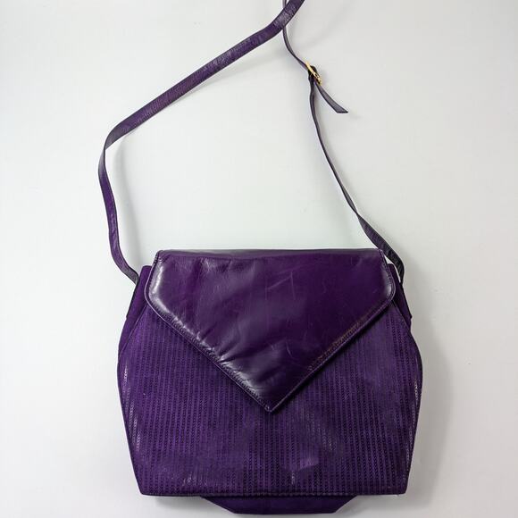 Bruno Magli Purple Purse Italian Leather Suede Gold Plum Shoulder Evening Bag - Picture 6 of 16